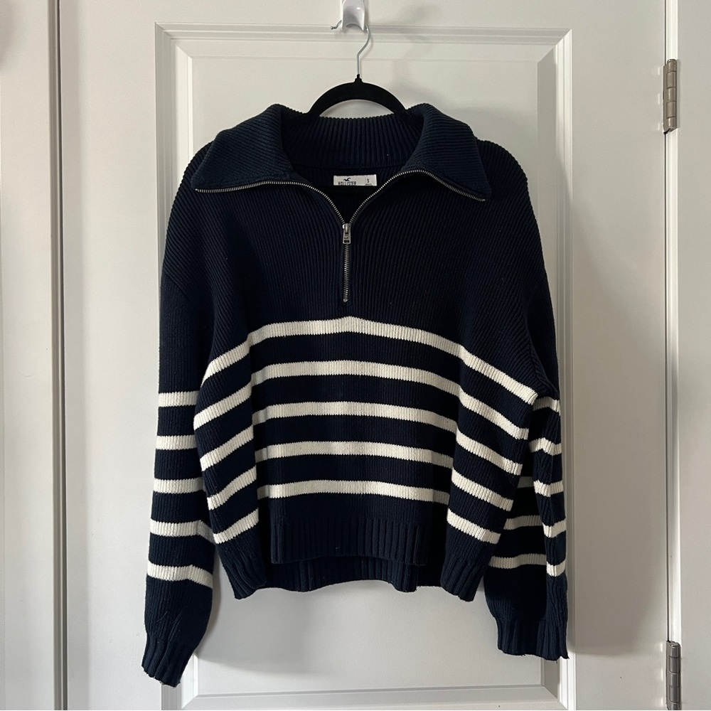 Hollister Navy and White Stripe Collared Knit Pull-over Sweater